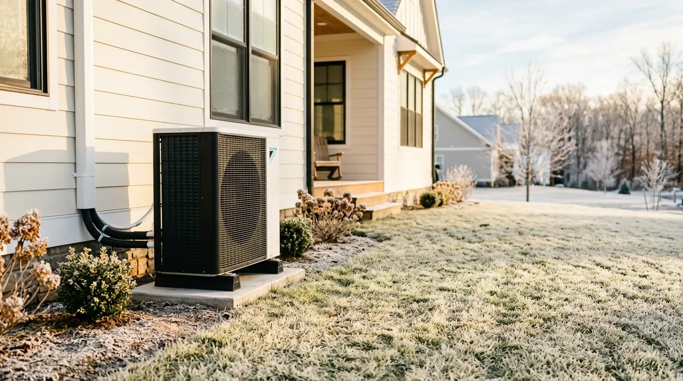 Heat pump on a frosty bright morning