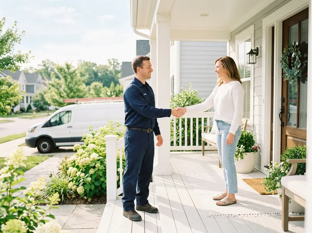 Commonwealth technician greeting a homeowner on a sunny porch