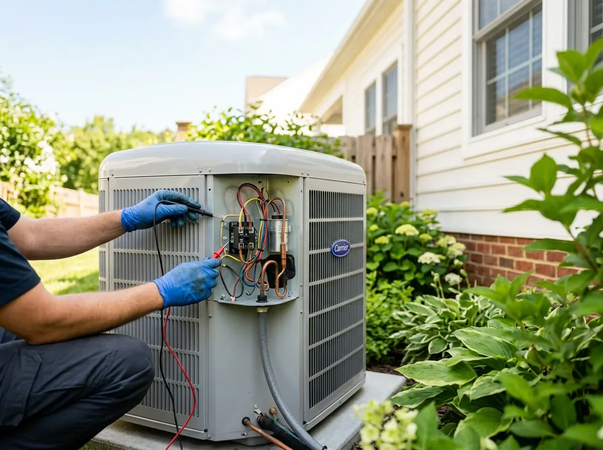 Technician servicing an outdoor air conditioning unit